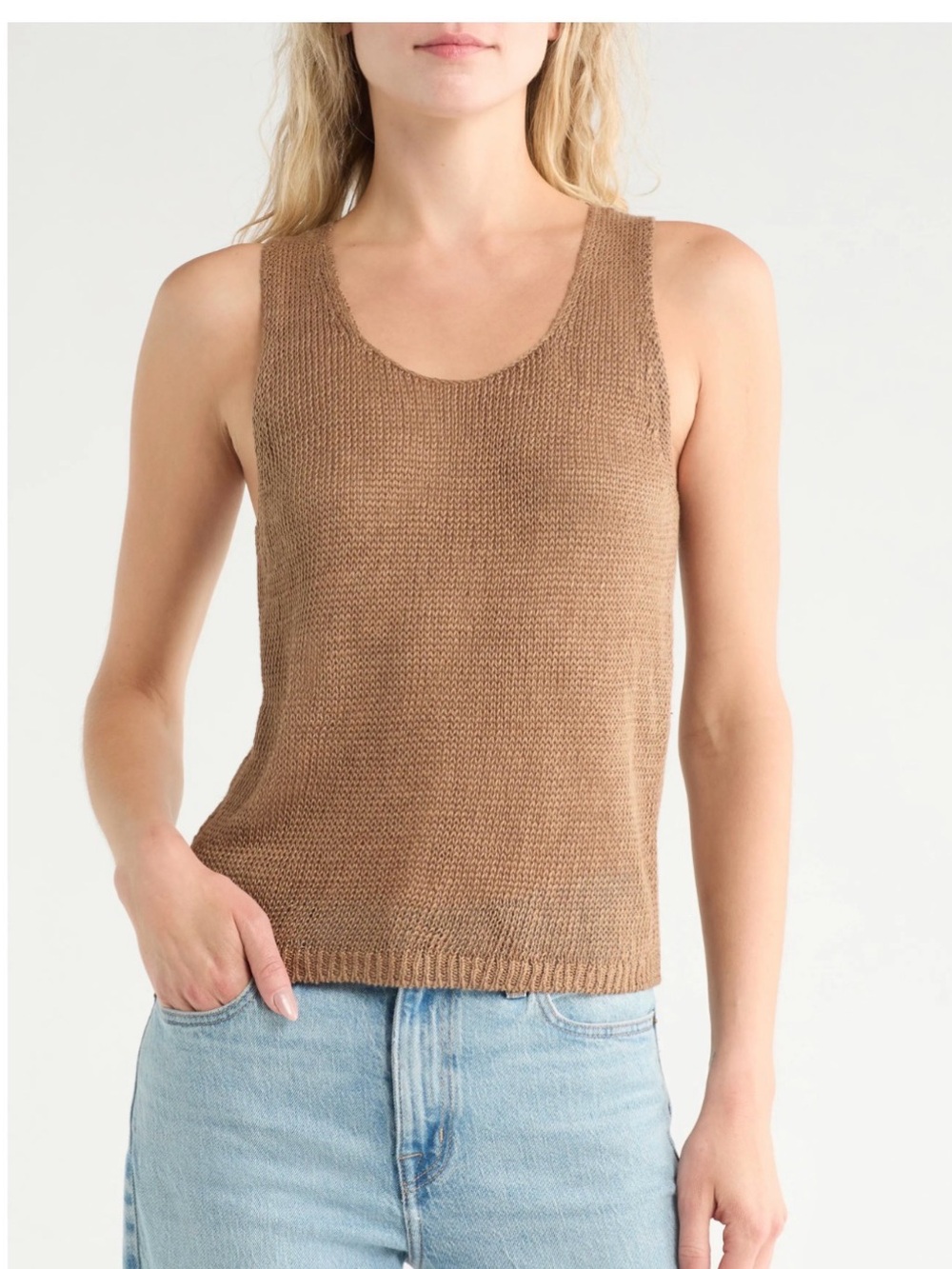 Vince Beachy Linen Open Stitch Tank Pecan Size Small
